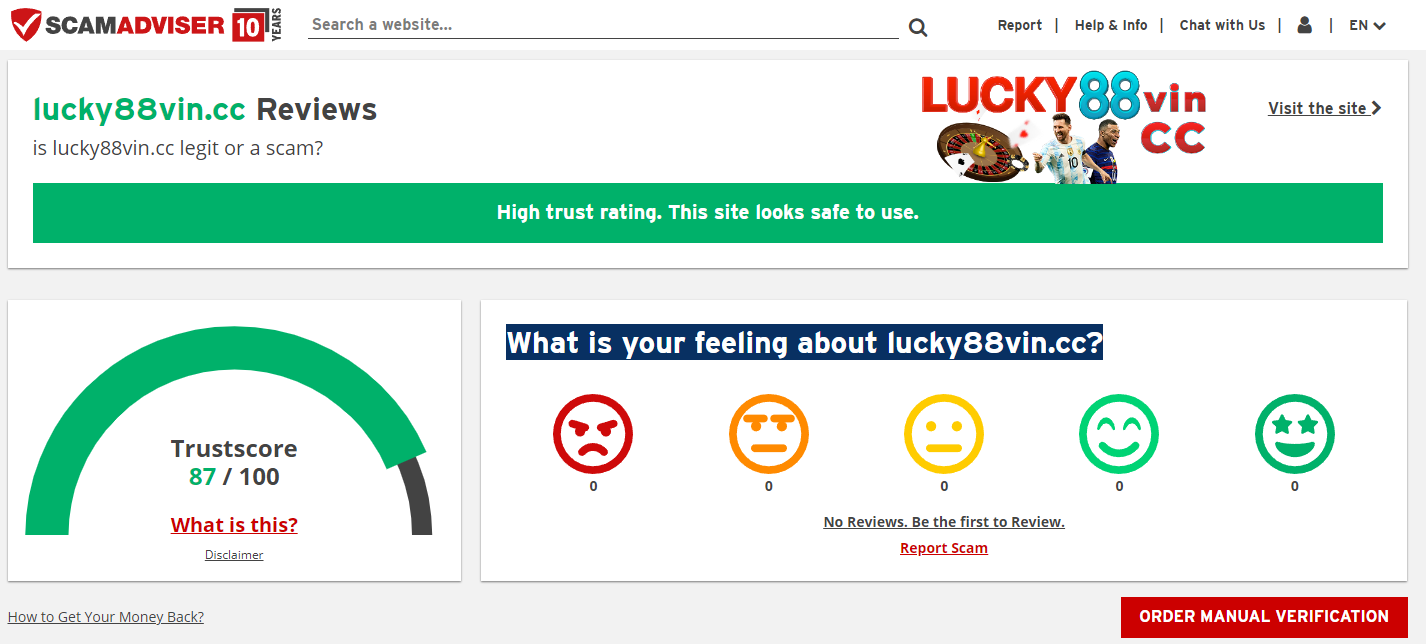 Kiểm tra độ an toàn của webiste lucky88.com qua Scamadver