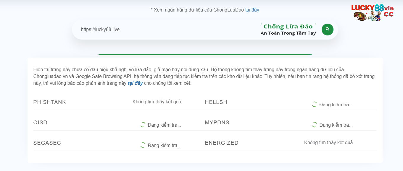 Kiểm chứng độ uy tín của domain lucky88.live qua website chongluadao.vn