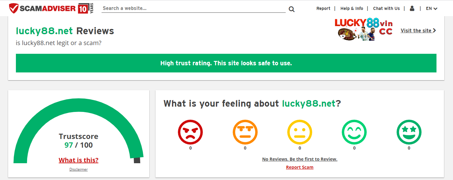 Kiểm tra độ uy tín của domain lucky88.net qua website Scamadver