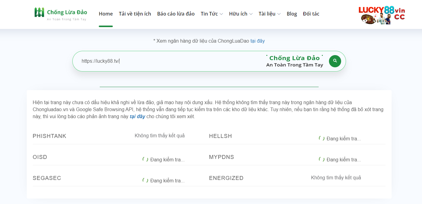 Kiểm tra độ uy tín domain lucky88.tv qua website chongluadao.vn